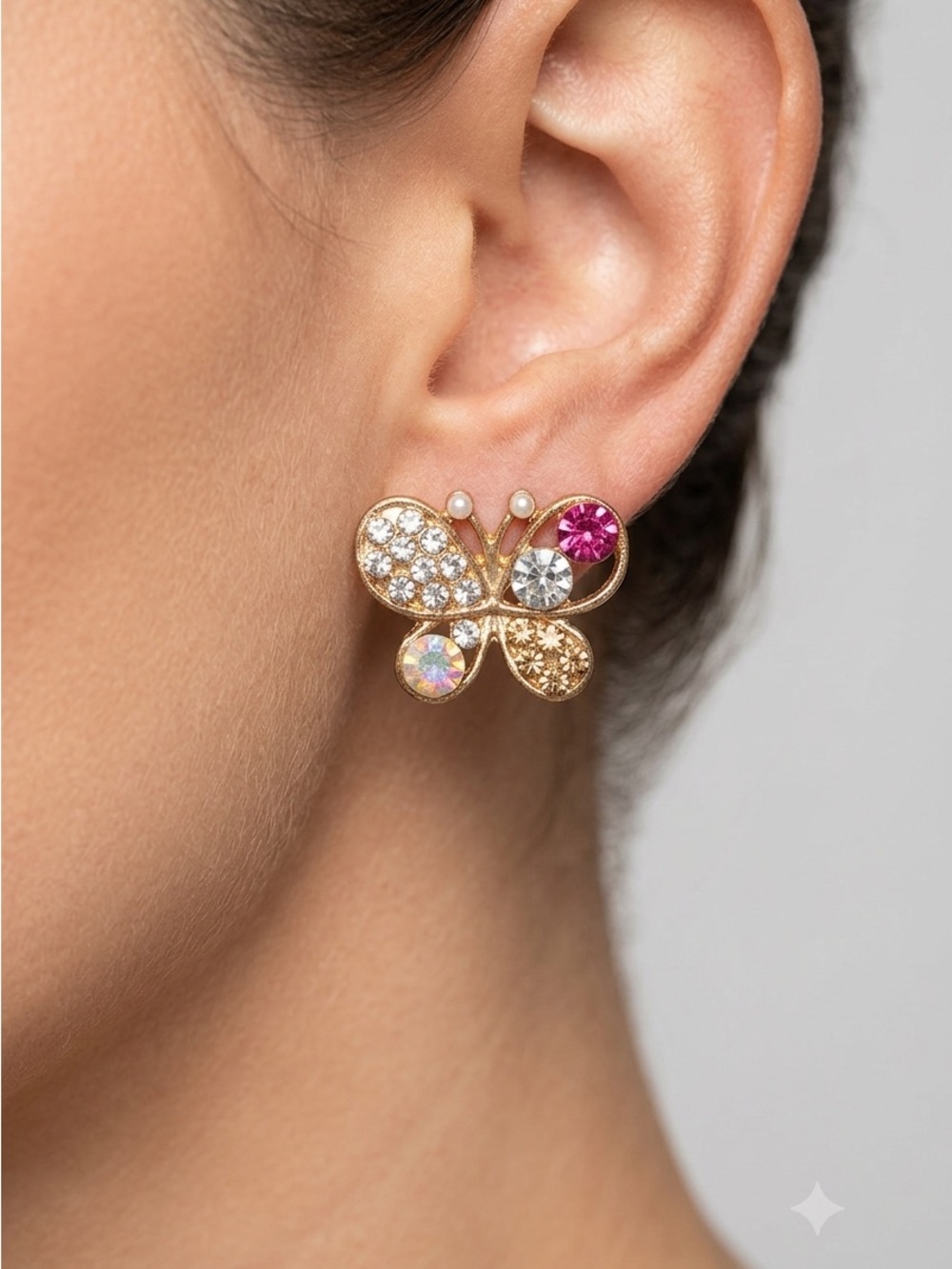 Butterfly Rhinestone Stud Earrings | Gold Tone Pearl Crystal Earrings